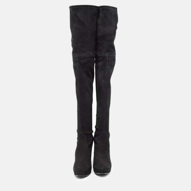 Noir Stuart Weitzman Black Suede Leather Highland Over The Knee Boots Size 38.5 en vente