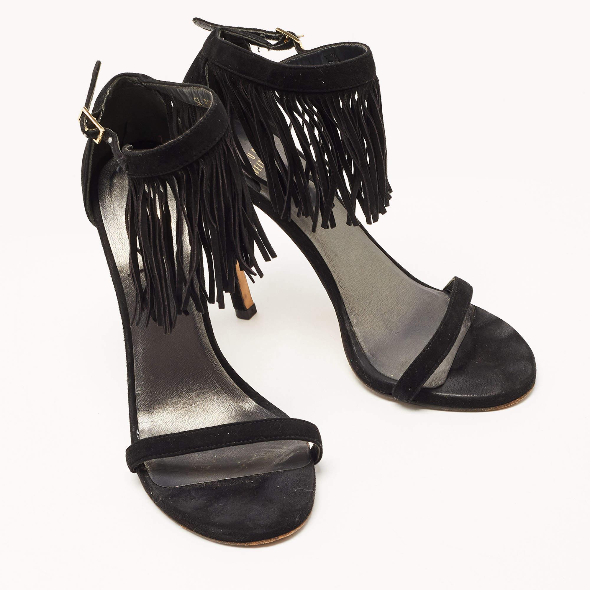 Women's Stuart Weitzman Black Suede Love Fringe Ankle Strap Sandals Size 37.5 For Sale