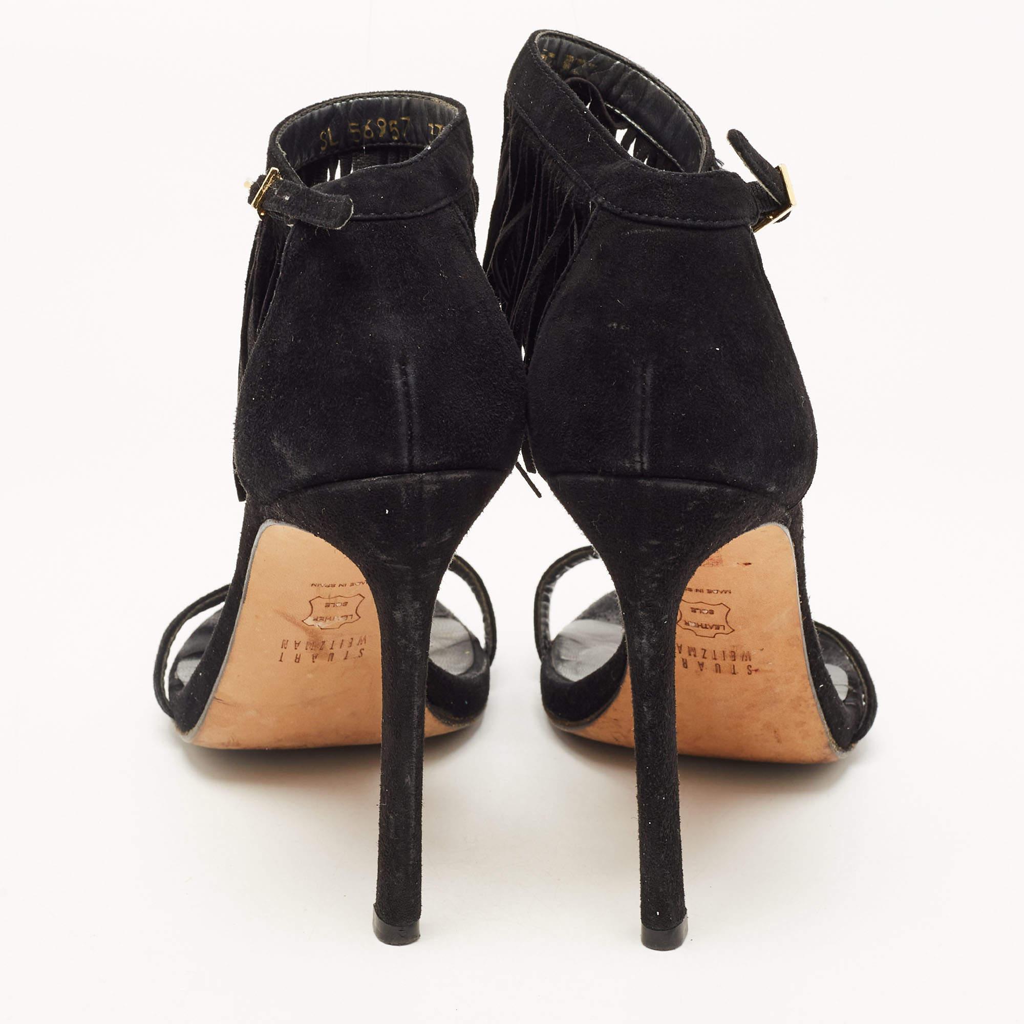 Stuart Weitzman Black Suede Love Fringe Ankle Strap Sandals Size 37.5 For Sale 1