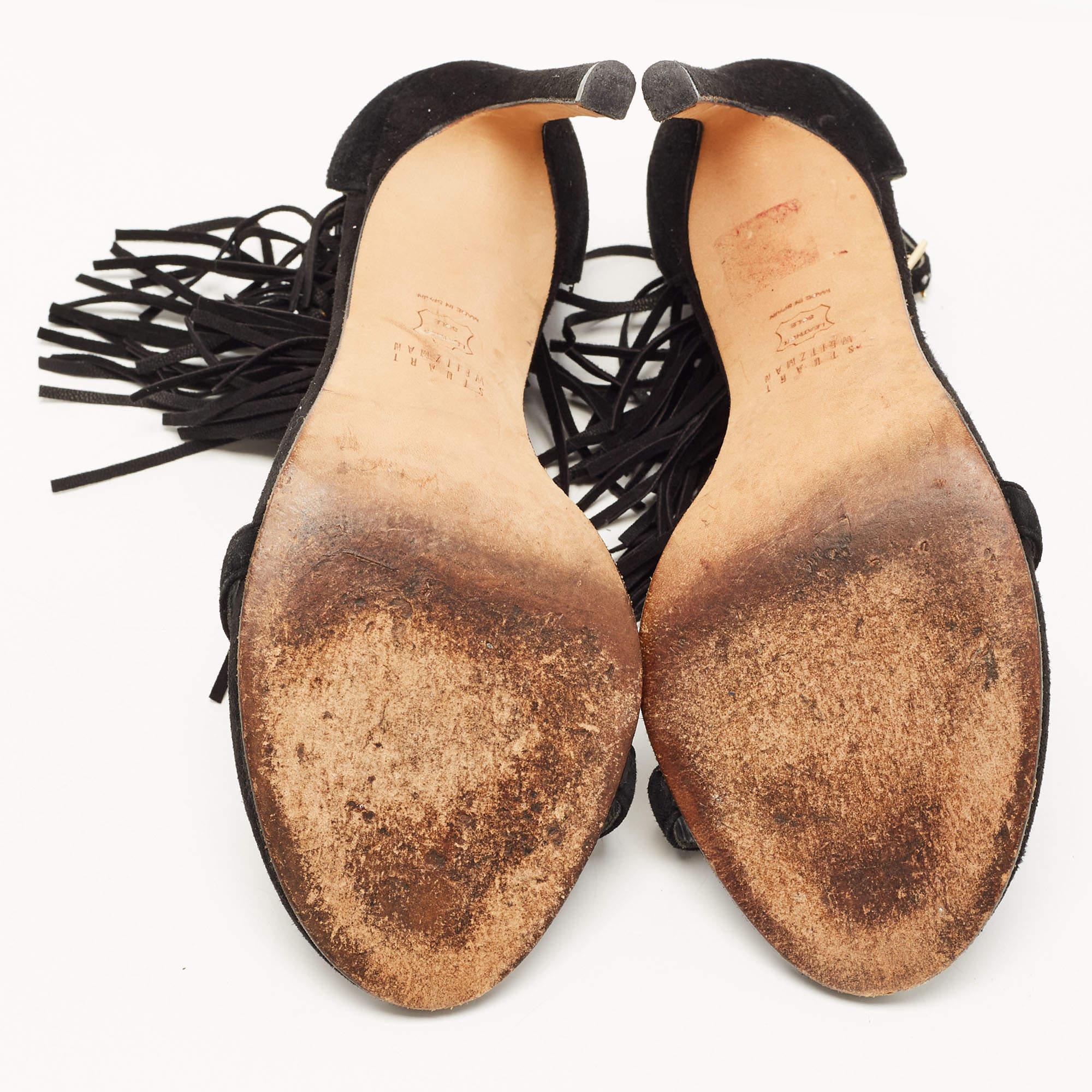 Stuart Weitzman Black Suede Love Fringe Ankle Strap Sandals Size 37.5 For Sale 2
