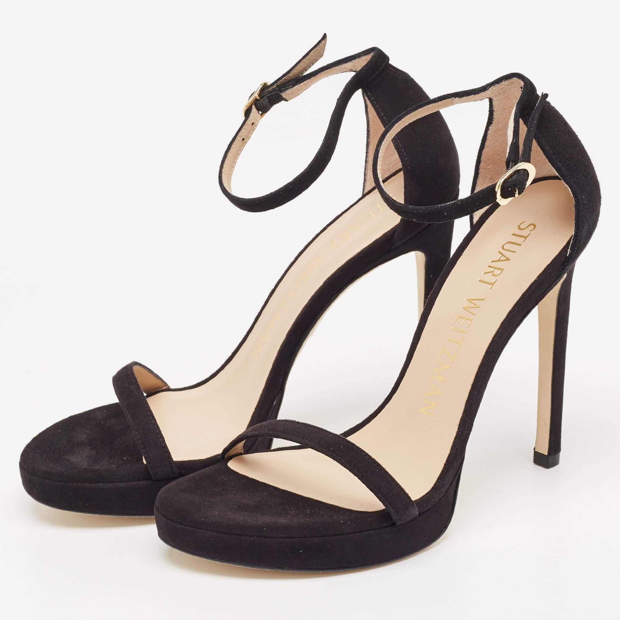 Stuart Weitzman Black Suede Nudist Disco Platform Sandals Size 37 1