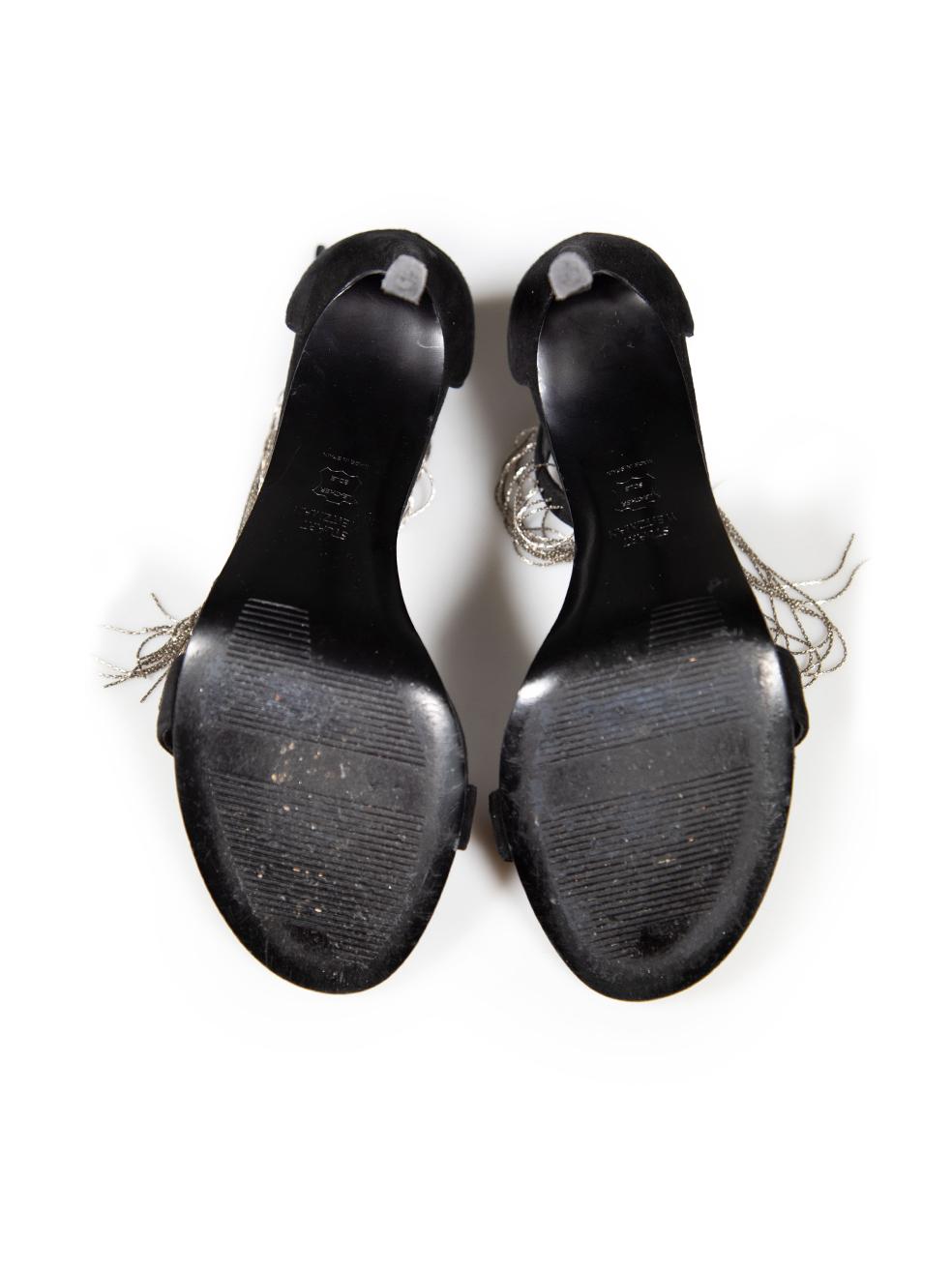 Women's Stuart Weitzman Black Suede Open Toe Tassel Heels Size US 7.5 For Sale