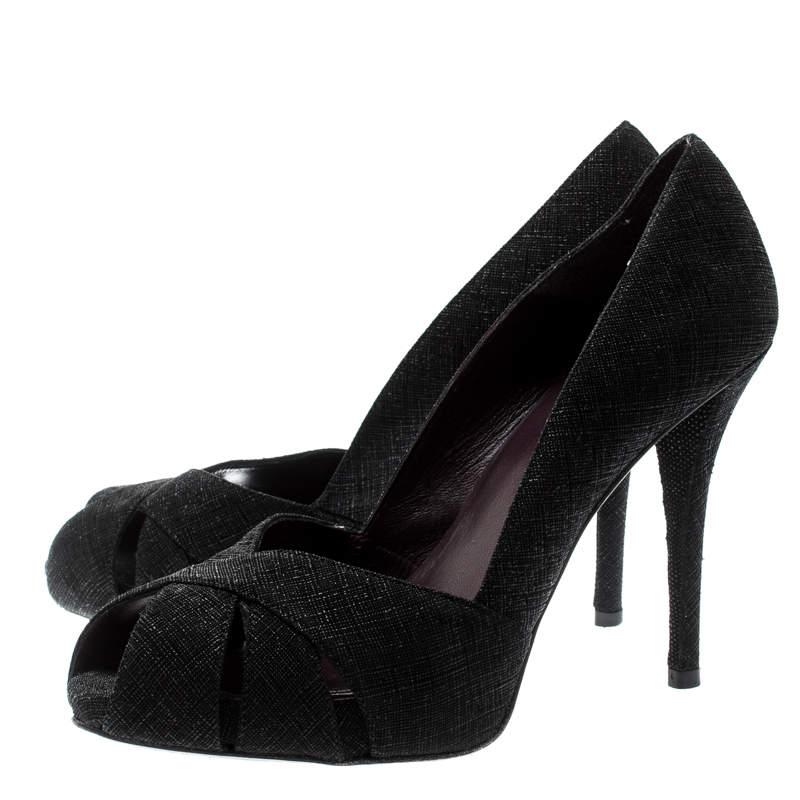 Stuart Weitzman Black Textured Fabric Criss Cross Open Toe Platform Pumps Size 3 1