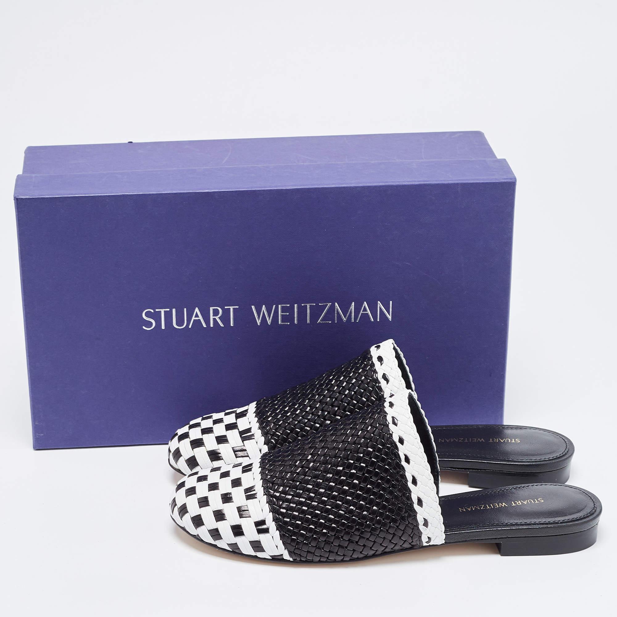 Stuart Weitzman Black/White Woven Leather Indiana Flat Mules Size 36 For Sale 3