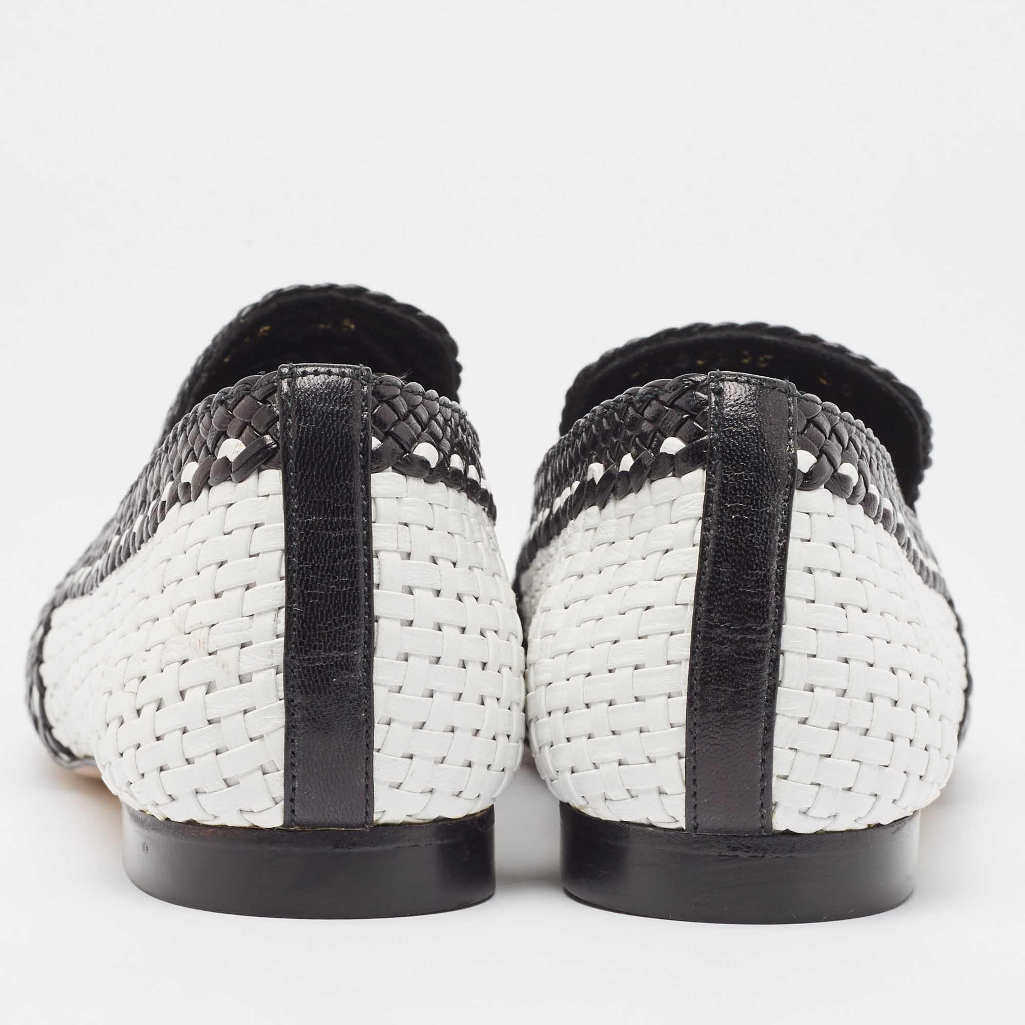 Stuart Weitzman Black/White Woven Leather Riviera Smoking Slippers Size 36 For Sale 1