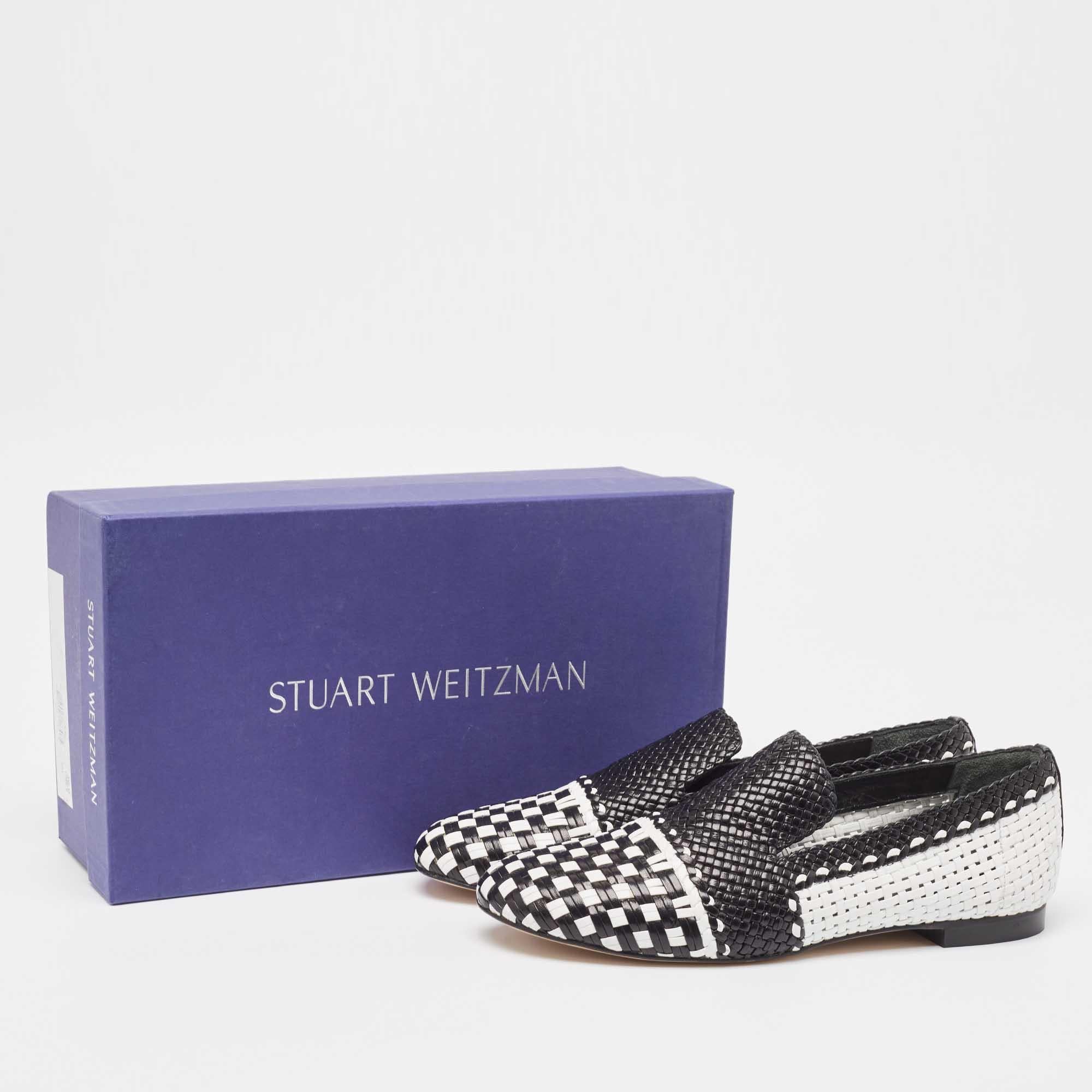 Stuart Weitzman Black/White Woven Leather Riviera Smoking Slippers Size 36 For Sale 5