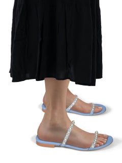 Stuart Weitzman Blue Leather Faux Pearl Stud Sandals Size EU 37.5