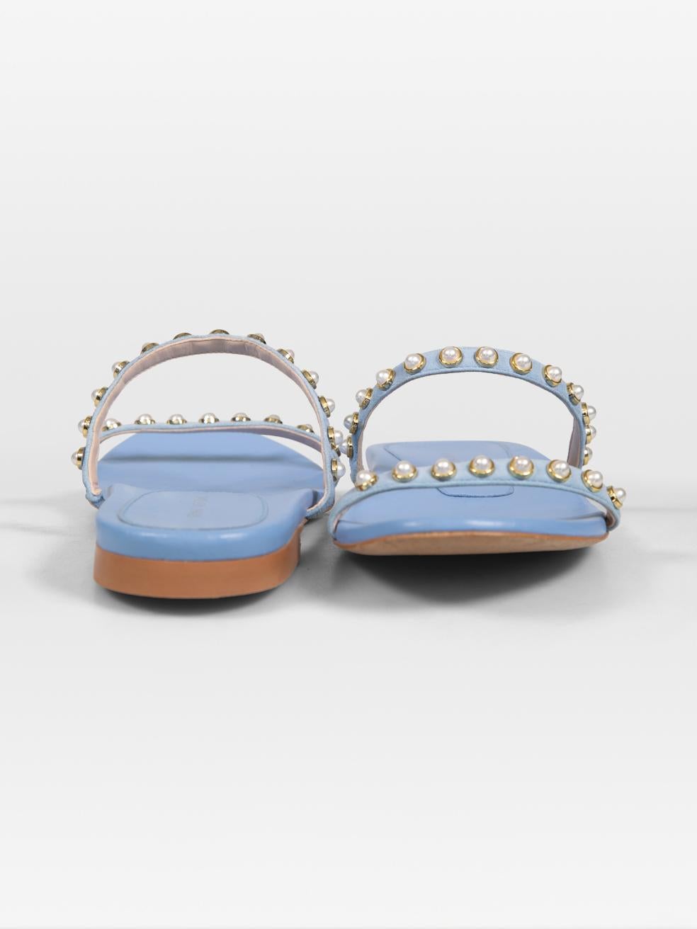 Gray Stuart Weitzman Blue Leather Faux Pearl Stud Sandals Size EU 37.5 For Sale