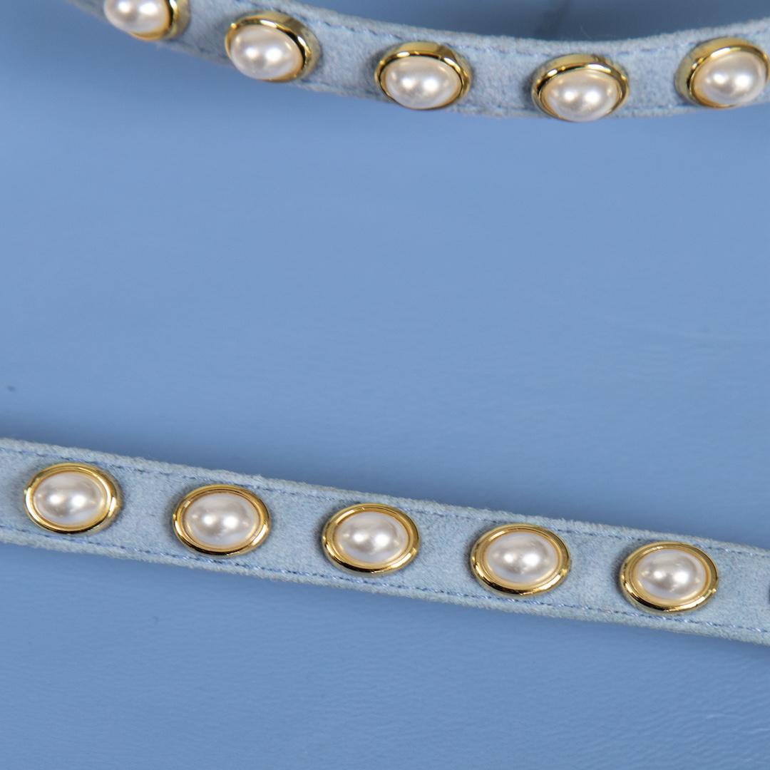 Women's Stuart Weitzman Blue Leather Faux Pearl Stud Sandals Size EU 37.5 For Sale