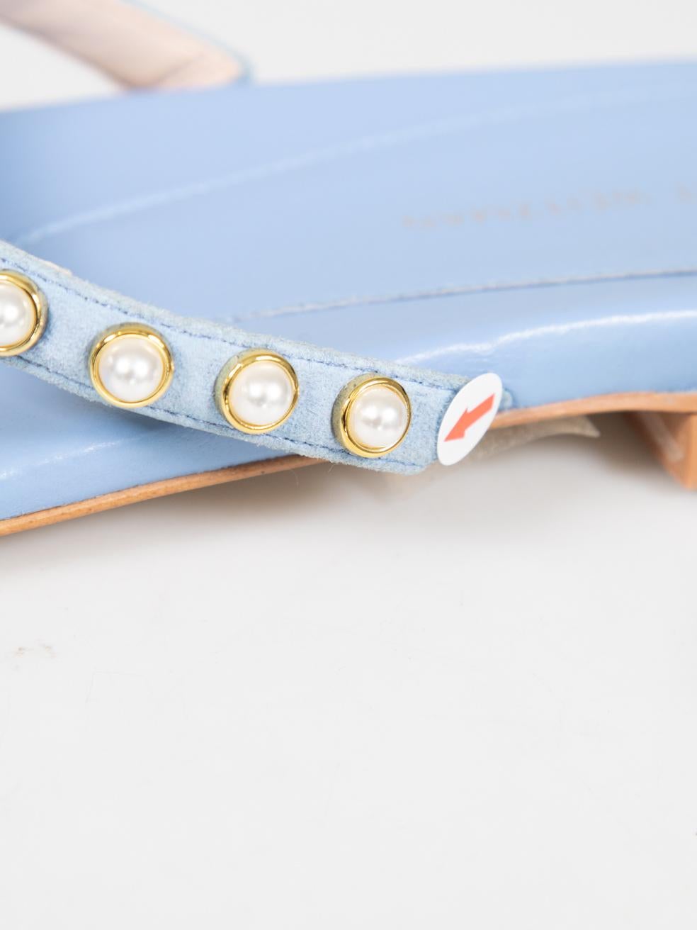 Stuart Weitzman Blue Leather Faux Pearl Stud Sandals Size EU 37.5 For Sale 1