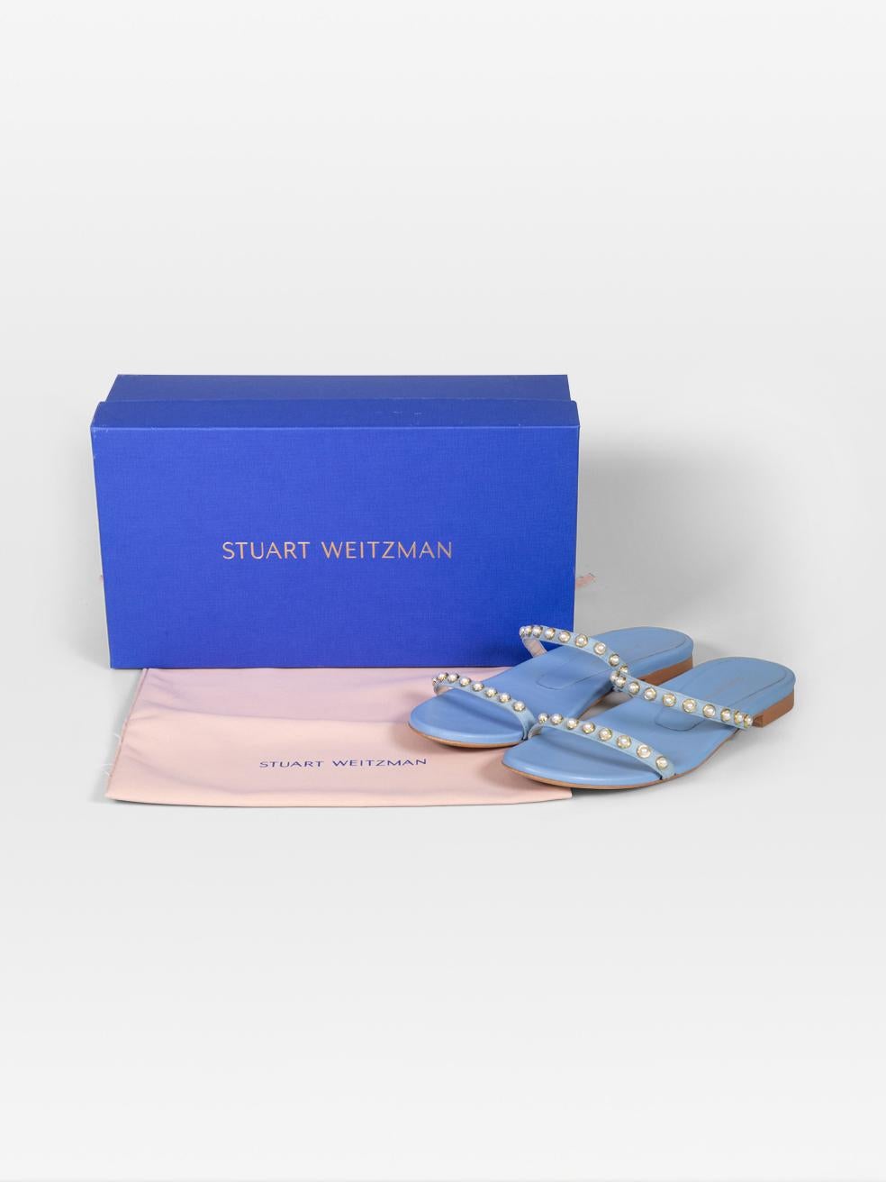 Stuart Weitzman Blue Leather Faux Pearl Stud Sandals Size EU 37.5 For Sale 3