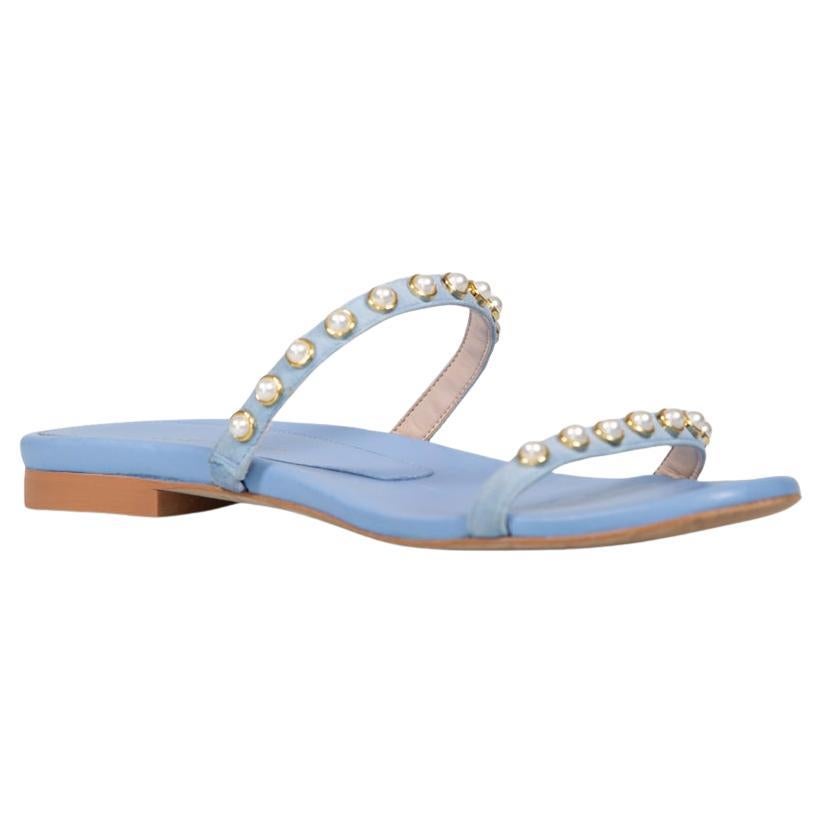 Stuart Weitzman Blue Leather Faux Pearl Stud Sandals Size EU 37.5 For Sale