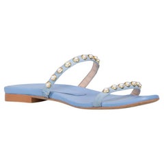 Stuart Weitzman Blue Leather Faux Pearl Stud Sandals Size EU 37.5