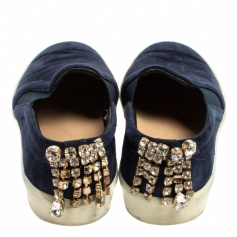 Women's Stuart Weitzman Blue Suede Crystal Slip on Sneakers Size 38 For Sale