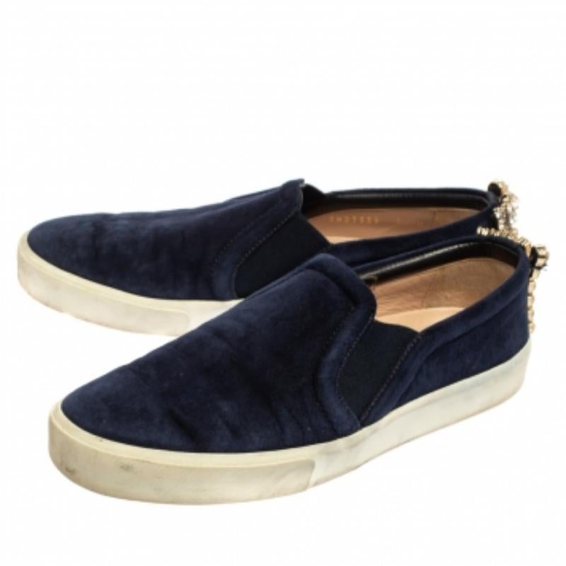 Stuart Weitzman Blue Suede Crystal Slip on Sneakers Size 38 For Sale 1