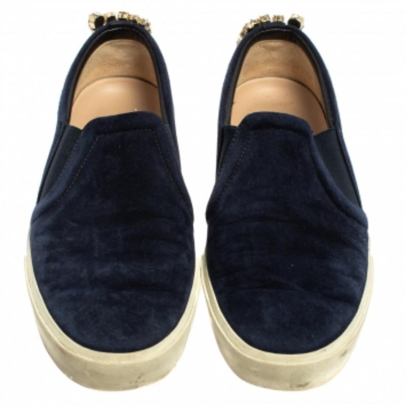 Stuart Weitzman Blue Suede Crystal Slip on Sneakers Size 38 For Sale 2