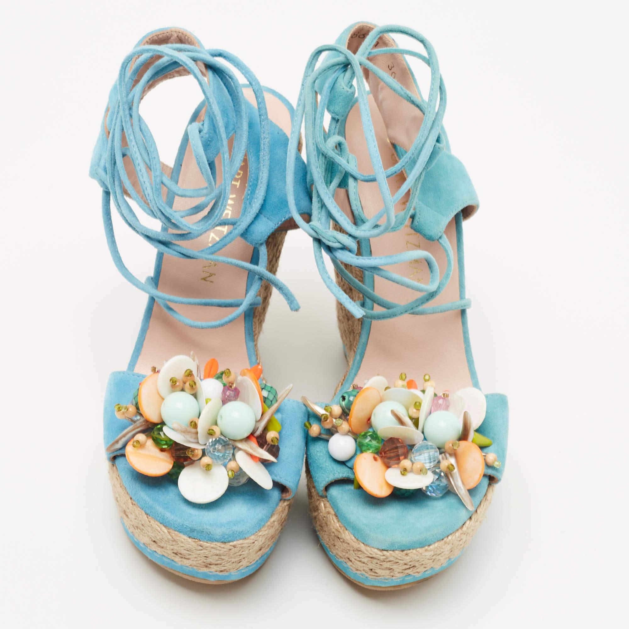 Gris Stuart Weitzman Sandales compensées à lacets en daim bleu taille 36 en vente