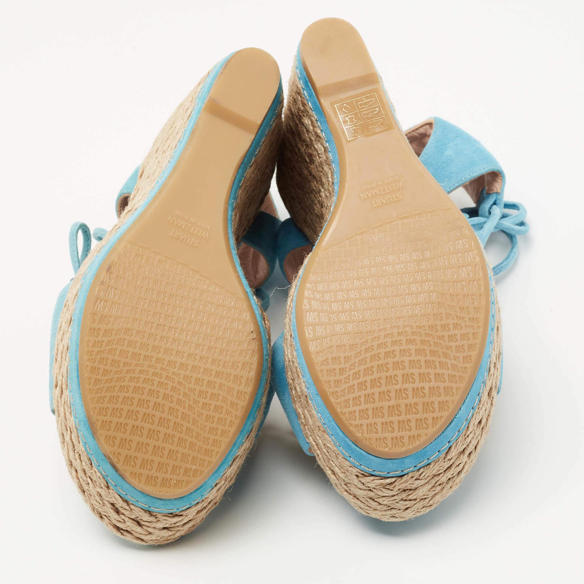 Stuart Weitzman Sandales compensées à lacets en daim bleu taille 36 en vente 1