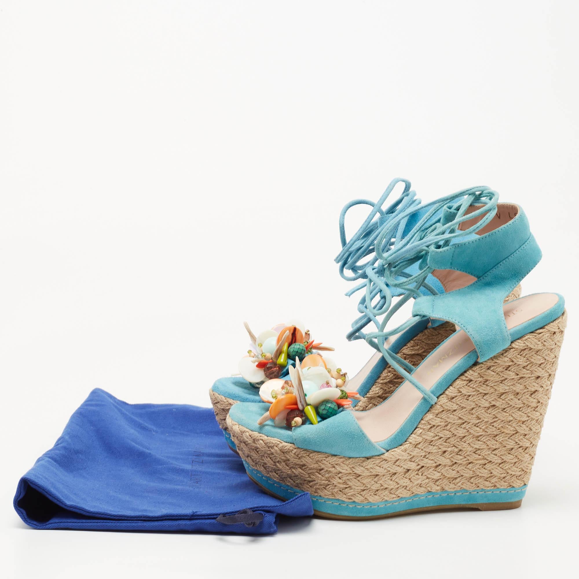Stuart Weitzman Sandales compensées à lacets en daim bleu taille 36 en vente 4