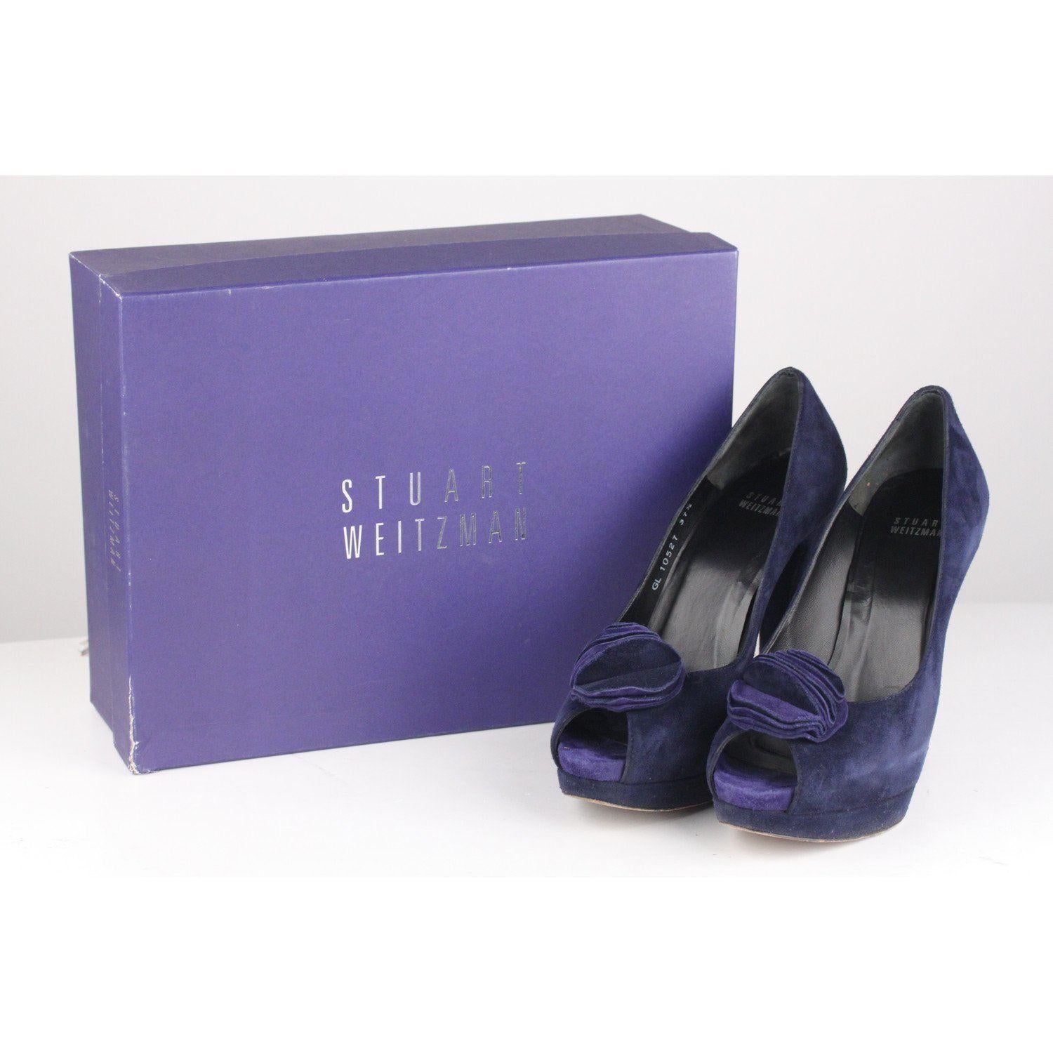 Women's STUART WEITZMAN Blue Suede Open Toe Shoes Twisting Heels 37.5