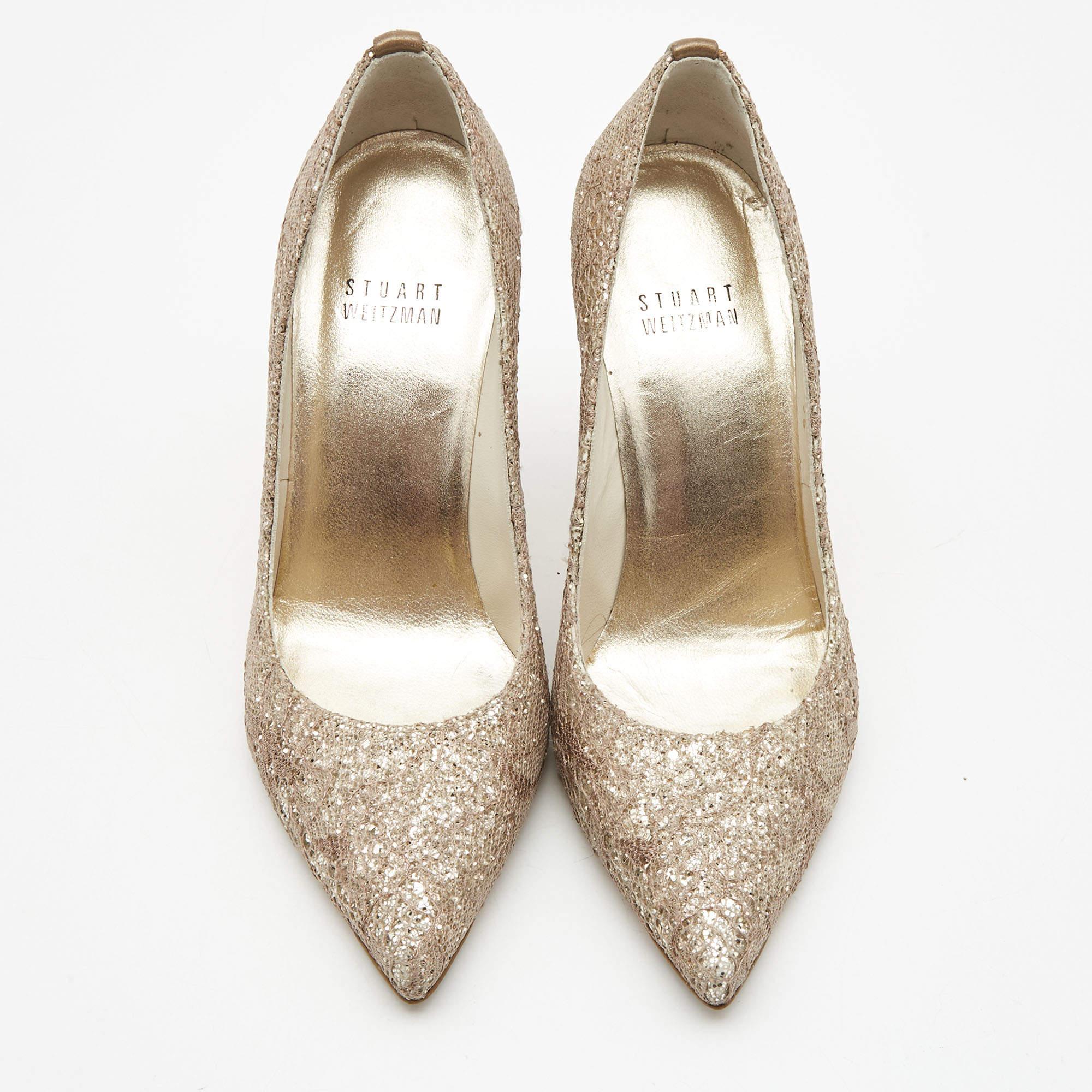 Marron Stuart Weitzman  Escarpins à bout pointu en cuir et paillettes bronze/brun Taille 35 en vente
