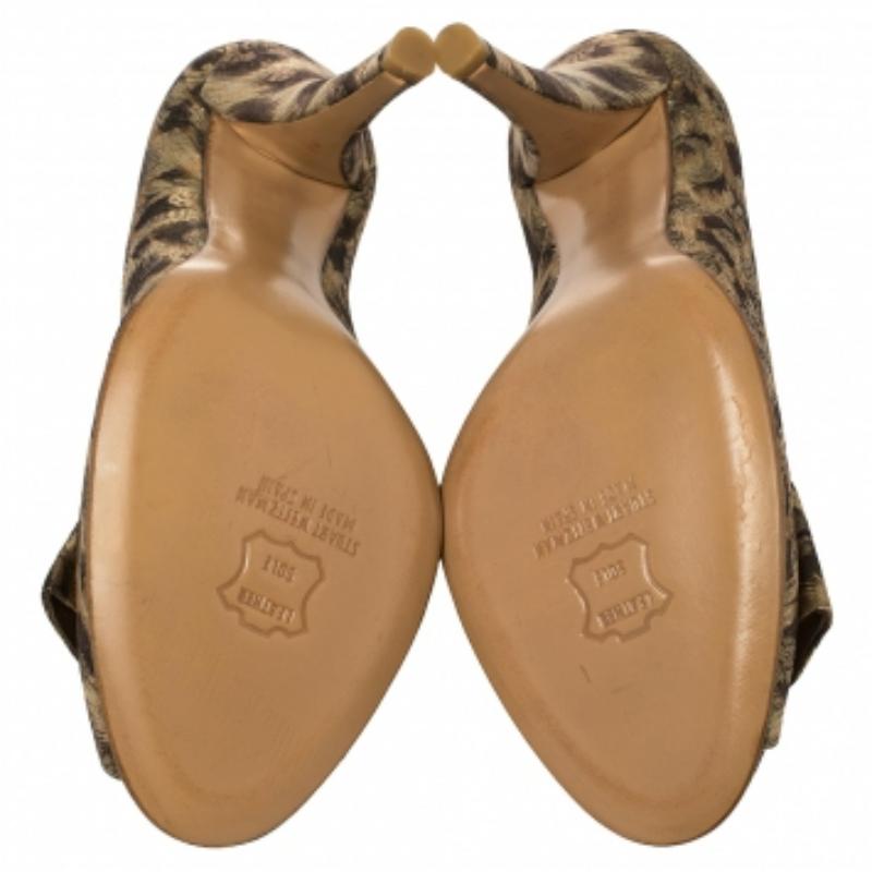 Stuart Weitzman Brown Lamé Fabric Leopard Print Bow Peep Toe Pumps Size 38.5 For Sale 1