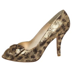 Stuart Weitzman Brown Lamé Fabric Leopard Print Bow Peep Toe Pumps Size 38.5