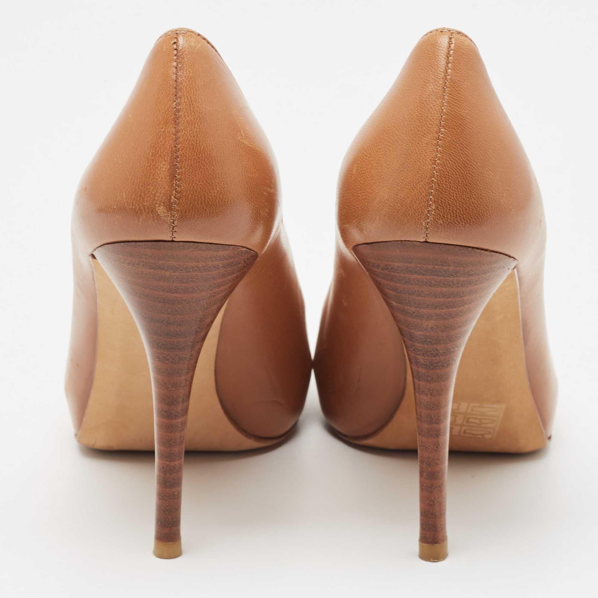 Stuart Weitzman Brown Leather Peep Toe Pumps Size 38.5 For Sale 1