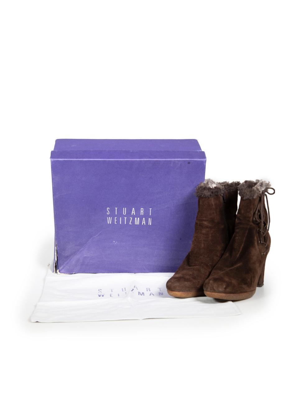 De las mujeres Stuart Weitzman Brown Suede Fur Trim Heeled Boots Size UK 6.5 en venta