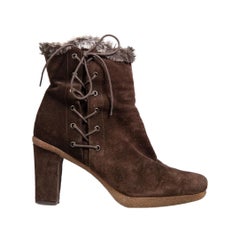 Stuart Weitzman Brown Suede Fur Trim Heeled Boots Size UK 6.5