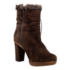 Stuart Weitzman Brown Suede Fur Trim Heeled Boots Size UK 6.5