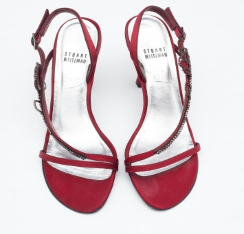 Brown Stuart Weitzman Burgundy Satin Crystal Embellished Slingback Sandals Size 37 For Sale