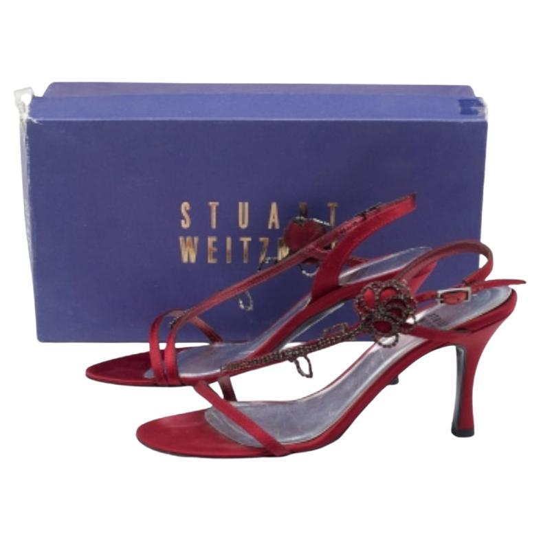 Stuart Weitzman Burgundy Satin Crystal Embellished Slingback Sandals Size 37 For Sale 4