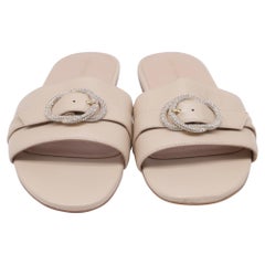 Stuart Weitzman Crystal-Embellished Slides in Beige Leather