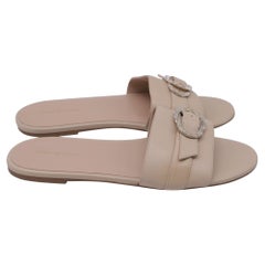 Stuart Weitzman Crystal-Embellished Slides in Beige Leather
