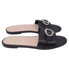 Stuart Weitzman Crystal-Embellished Slides in Black Leather