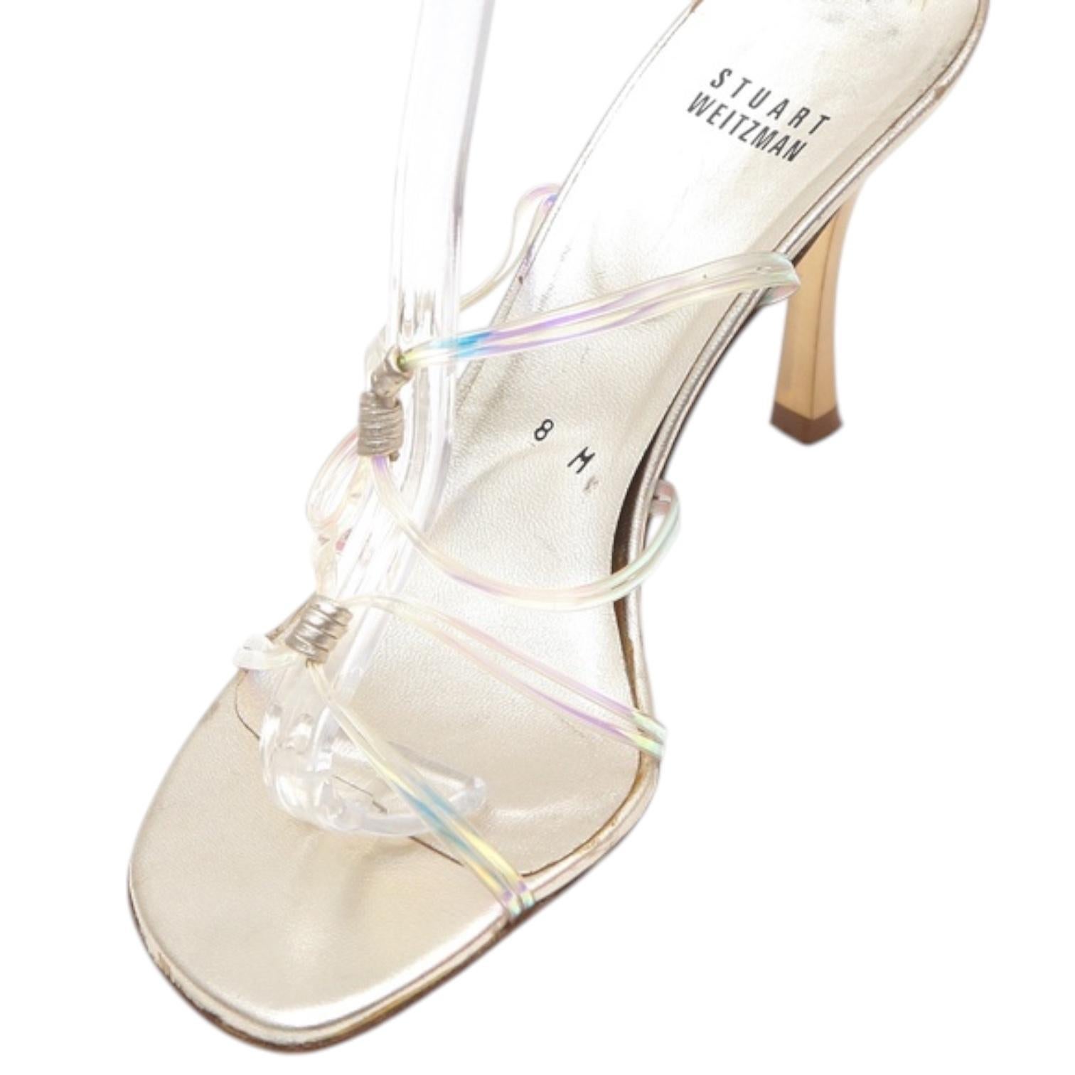 STUART WEITZMAN Gold Leather Plastic Slide Sandals Heels Strappy 8M In Fair Condition For Sale In Hollywood, FL