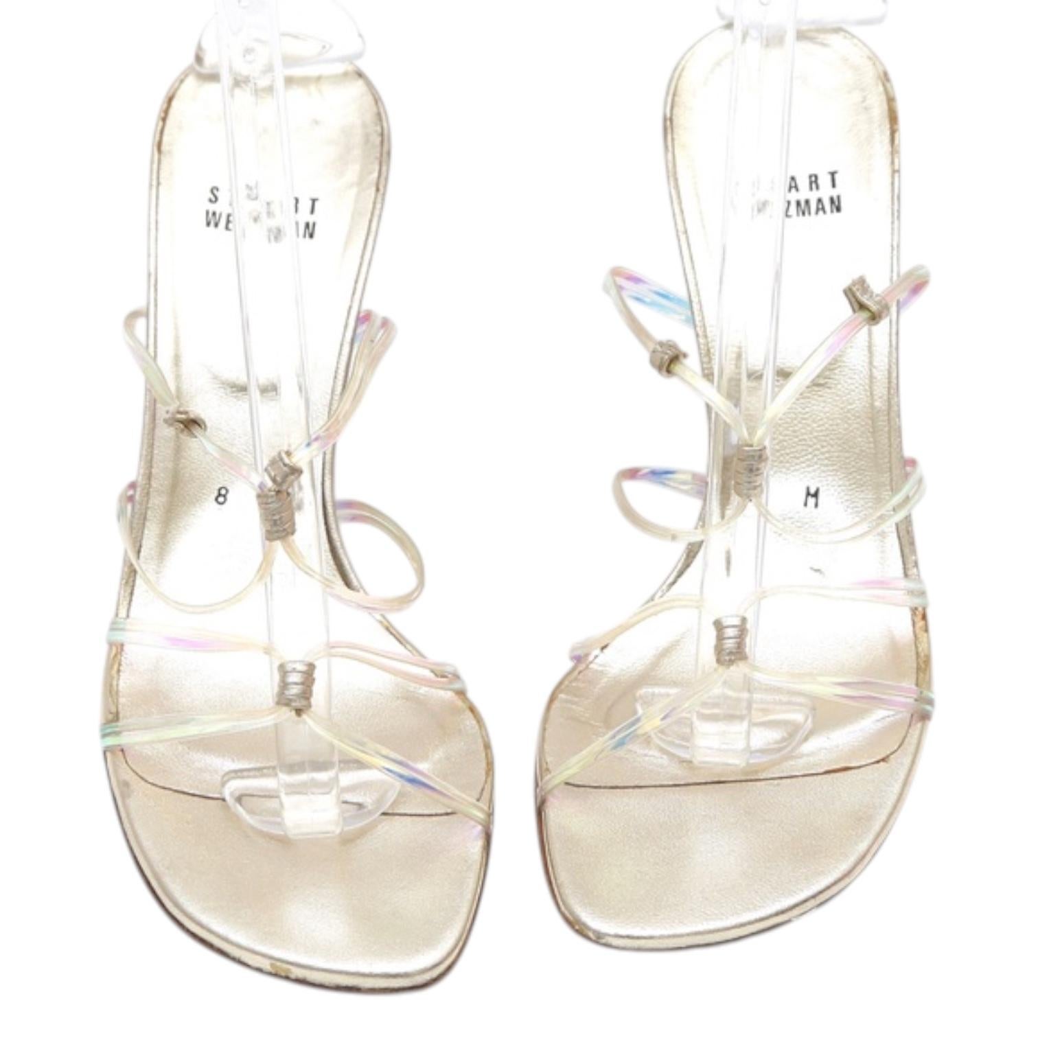 STUART WEITZMAN Gold Leather Plastic Slide Sandals Heels Strappy 8M For Sale 1