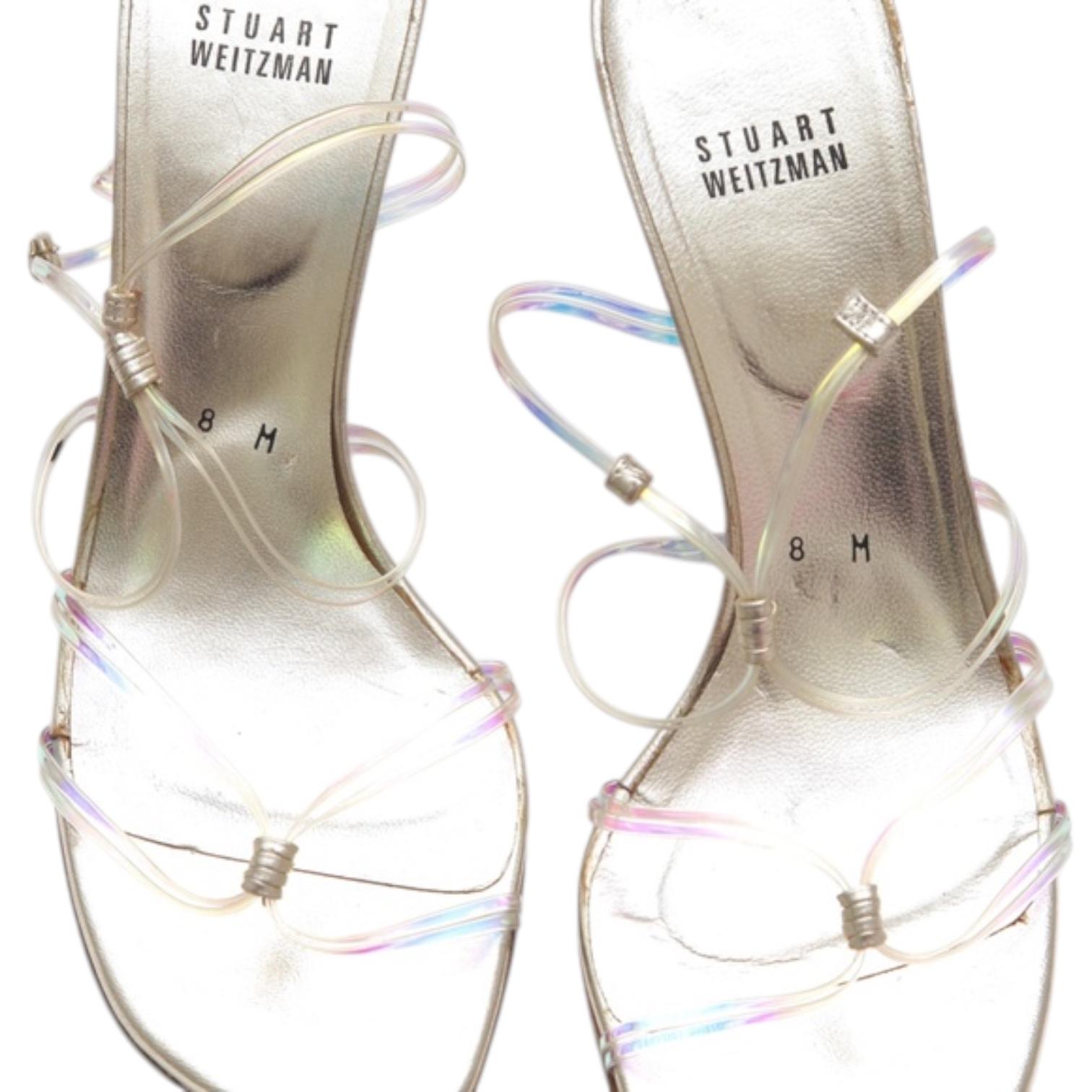 STUART WEITZMAN Gold Leather Plastic Slide Sandals Heels Strappy 8M For Sale 3