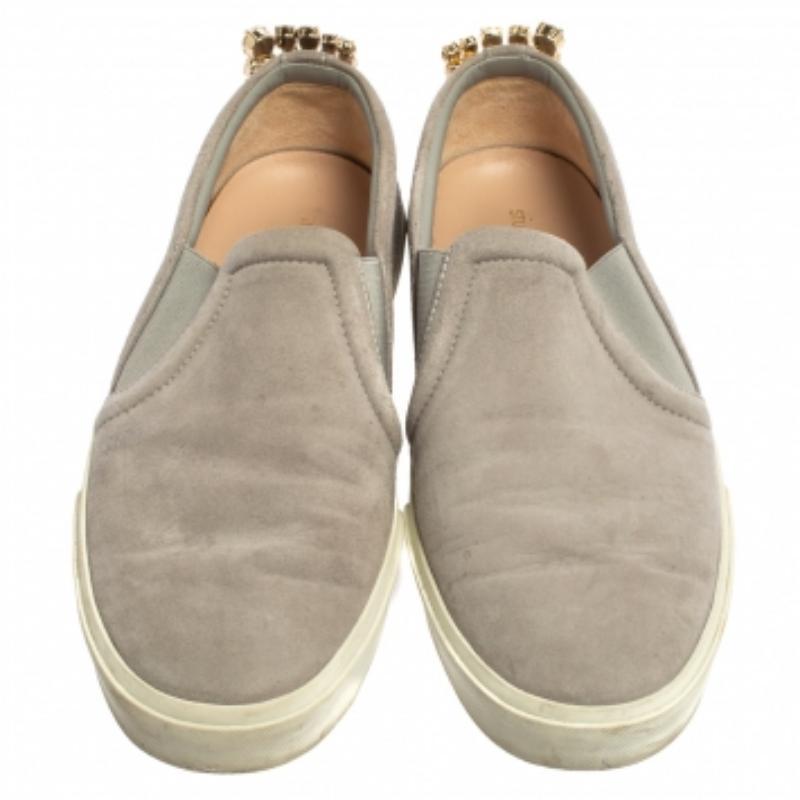 Stuart Weitzman Grey Suede Crystal Slip on Sneakers Size 38 For Sale 2