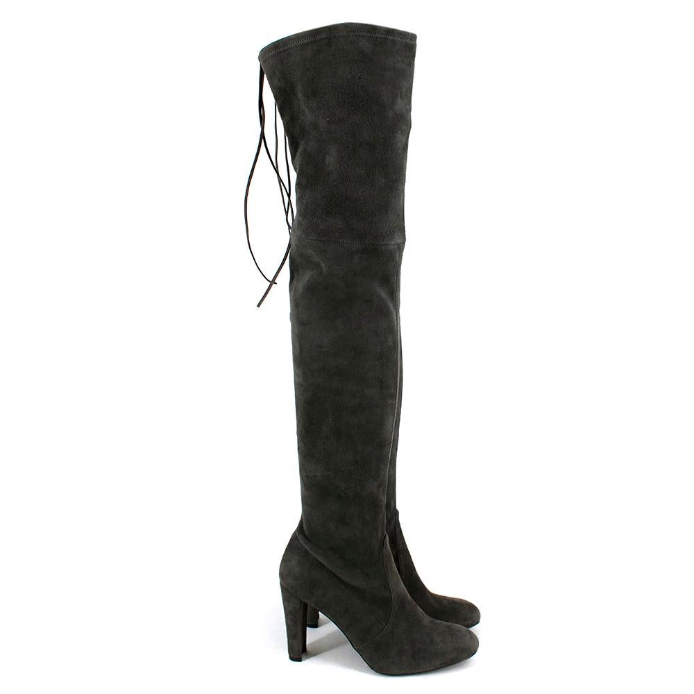 Stuart Weitzman Grey Suede Thigh High Heeled Boots

-Over-the-knee design 
-Stretch suede for comfort 
-Backed with Lycra to create the fit factor of a legging
-SW signature tie back detail adjusts for a comfortable fit around the thigh
-Luxurious