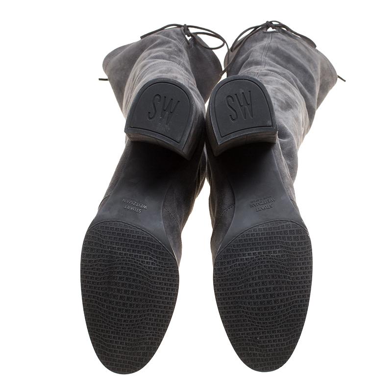 Stuart Weitzman Grey Suede Tieland Over The Knee Block Heel Boots Size 42 In Good Condition In Dubai, Al Qouz 2