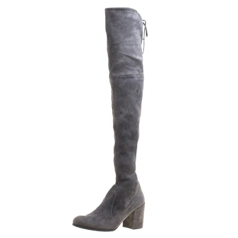 Stuart Weitzman Grey Suede Tieland Over The Knee Block Heel Boots Size 42