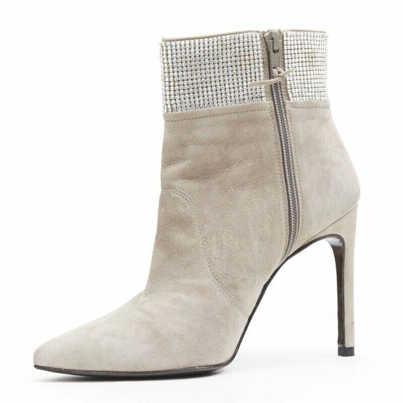 STUART WEITZMAN Bottines Highbeams en daim fossile gris ornées de cristaux EU38.5 Bon état - En vente à Hong Kong, NT