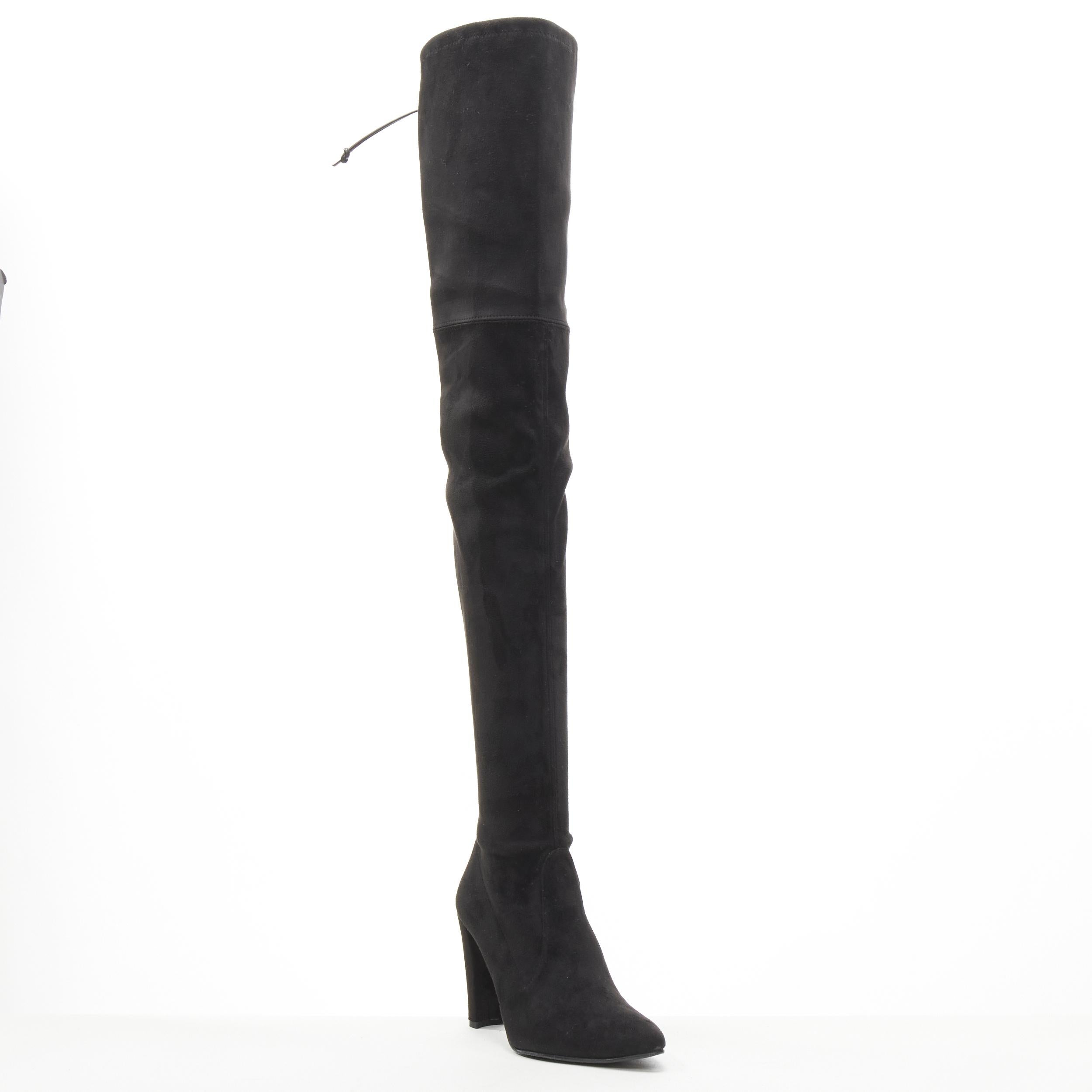 STUART WEITZMAN Highland black stretch suede over knee high heel boots EU37.5 
Reference: LNKO/A01931 
Brand: Stuart Weitzman 
Material: Suede 
Color: Black 
Pattern: Solid 
Extra Detail: Stretch suede leather. Leather tie detail at opening. Chunky