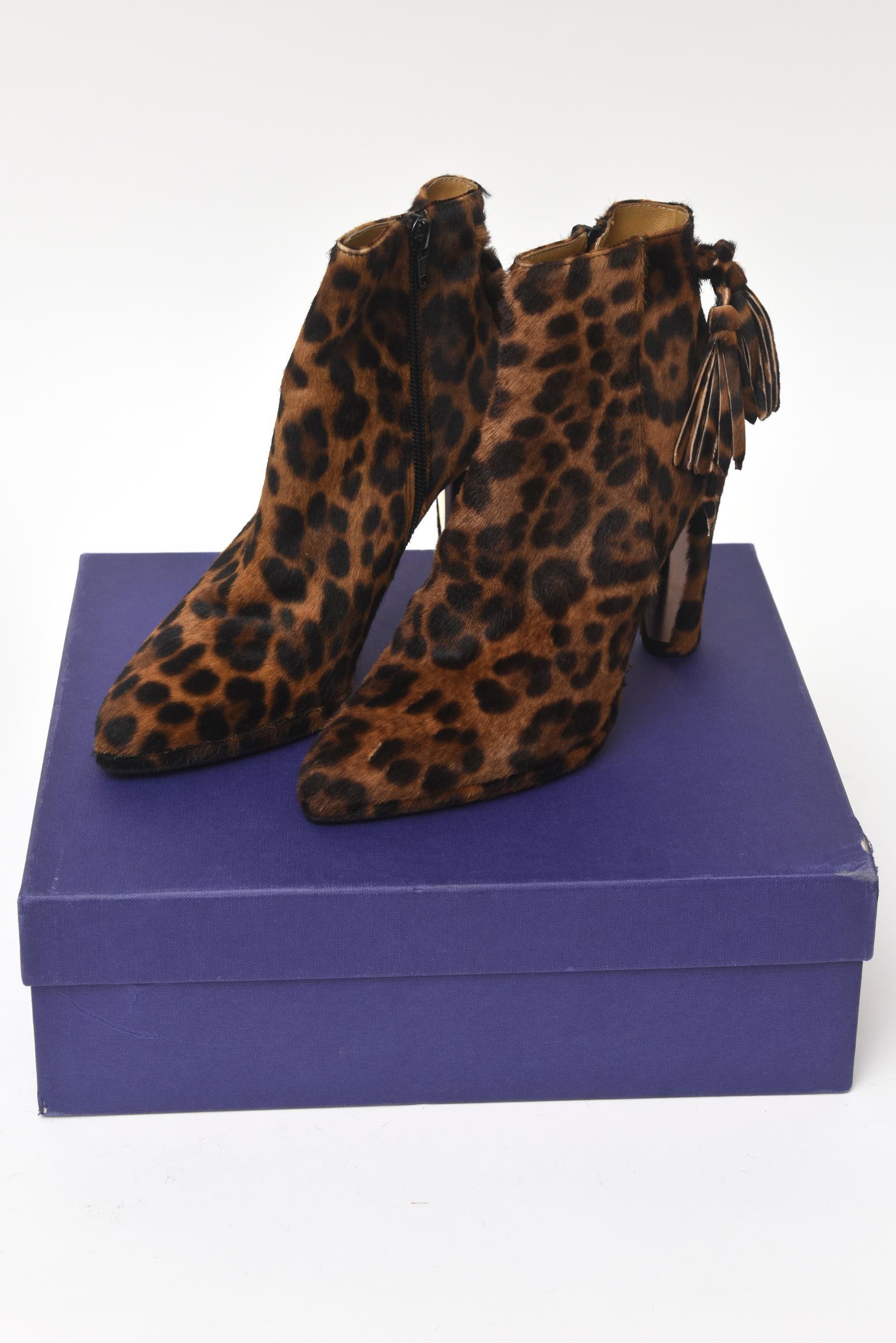 Stuart Weitzman Leopard Pony Hair Ankle Boots With Gold Heel For Sale 1