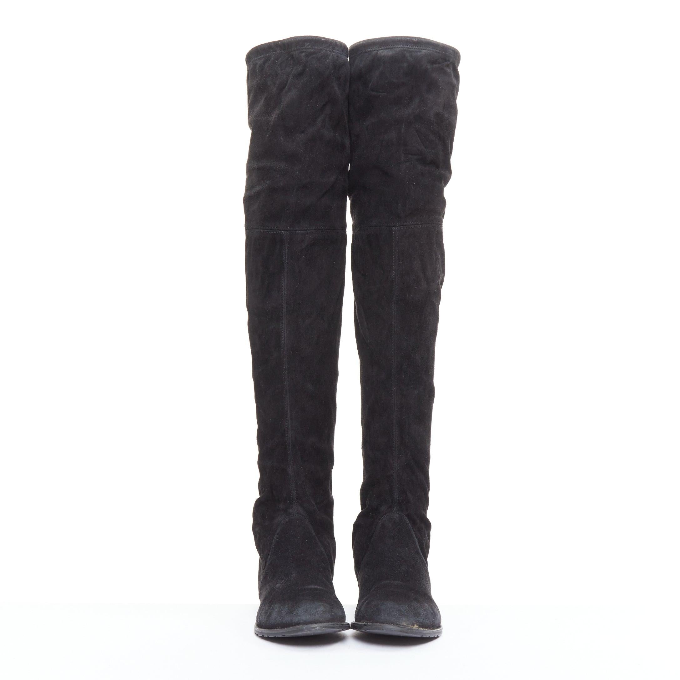 STUART WEITZMAN Lowland black suede drawstring top over knee flat boots EU38 Negro en venta