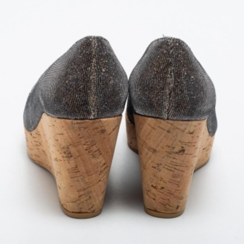 Brown Stuart Weitzman Lurex Fabric Anna Cork Wedge Platform Peep Toe Pumps Size 37 For Sale