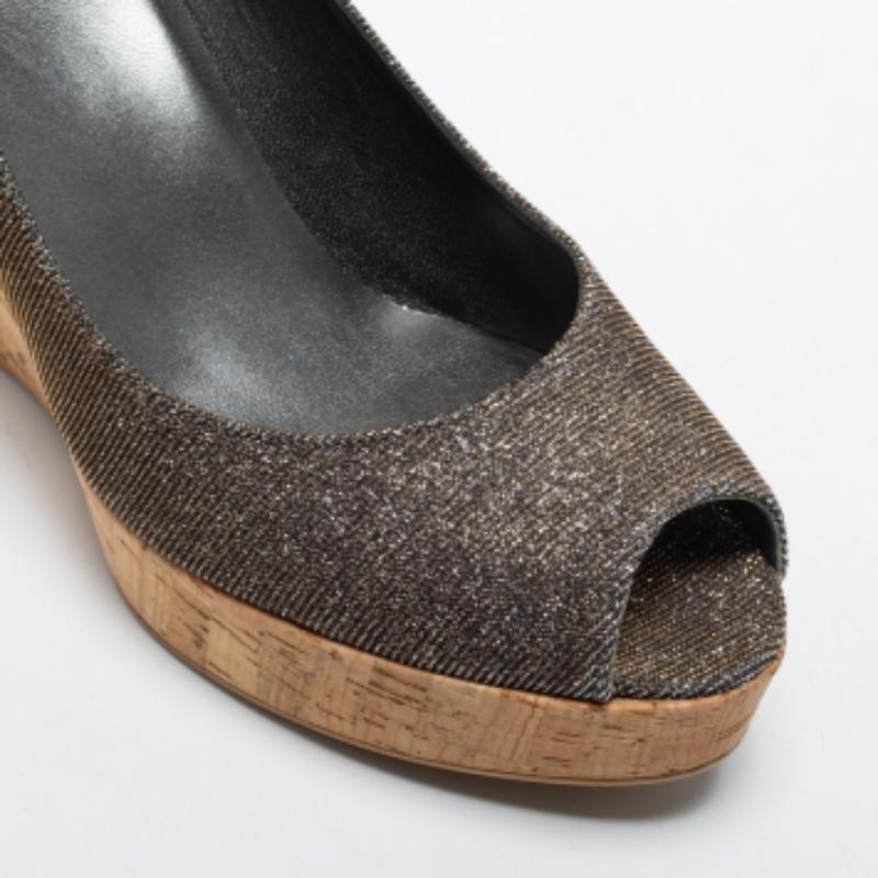 Women's Stuart Weitzman Lurex Fabric Anna Cork Wedge Platform Peep Toe Pumps Size 37 For Sale