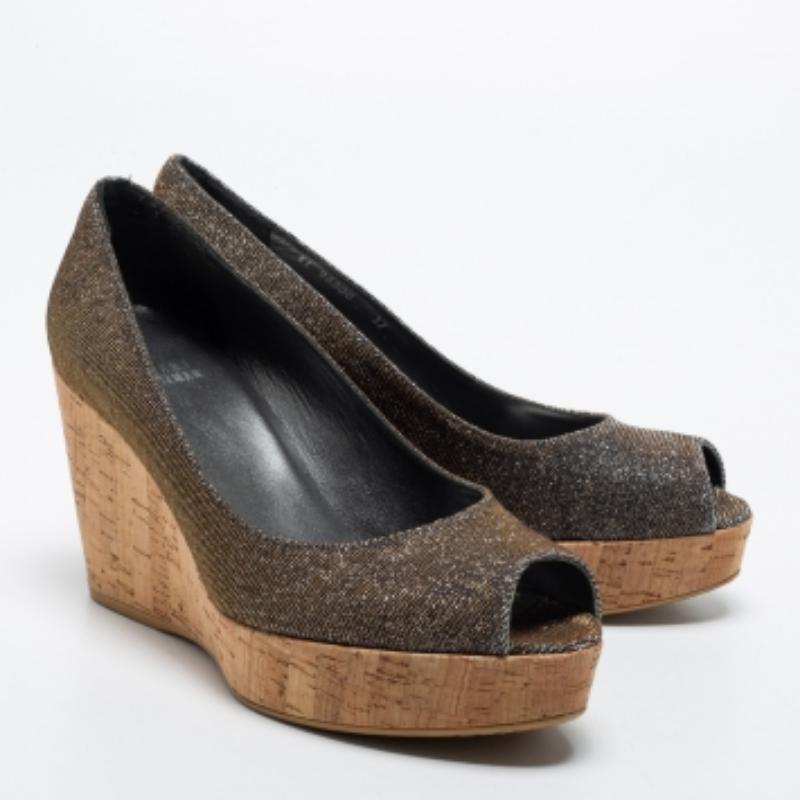 Stuart Weitzman Lurex Fabric Anna Cork Wedge Platform Peep Toe Pumps Size 37 For Sale 1
